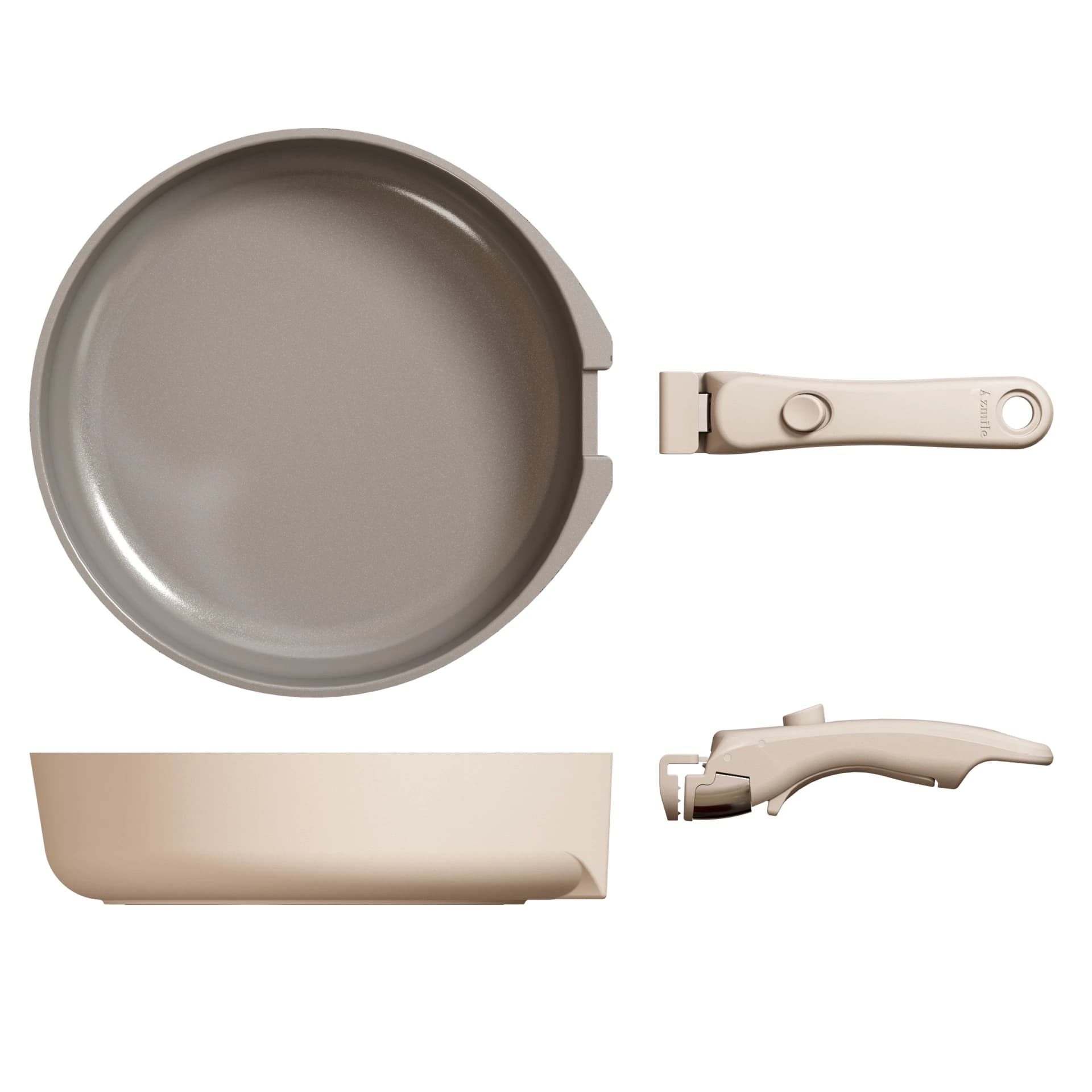 Azmile V-Pan vertical storage fry pan with detachable handle in navy and cream with lid, stands upright to save space