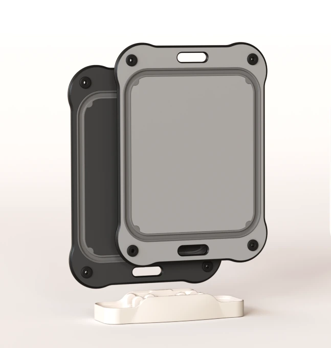 Azmile CleanFlip antibacterial cutting board, hand peeling replaceable cutting shell off blue frame, white background