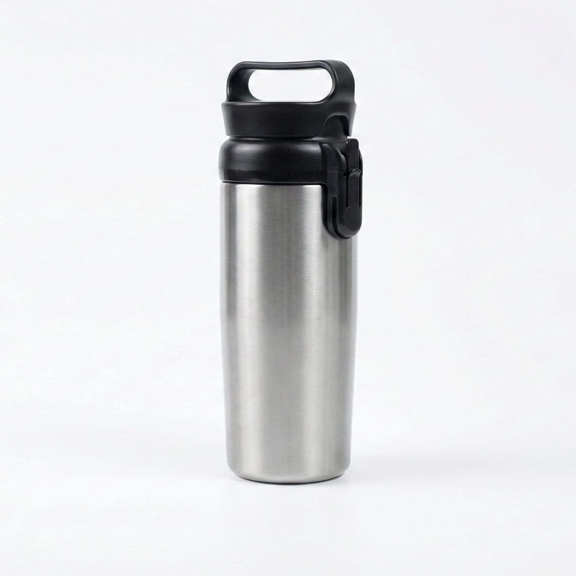 Azmile Mug2go insulated travel mug in stainless steel with foldable handle and leakproof lock, 2-in-1 thermos and open mug for commute